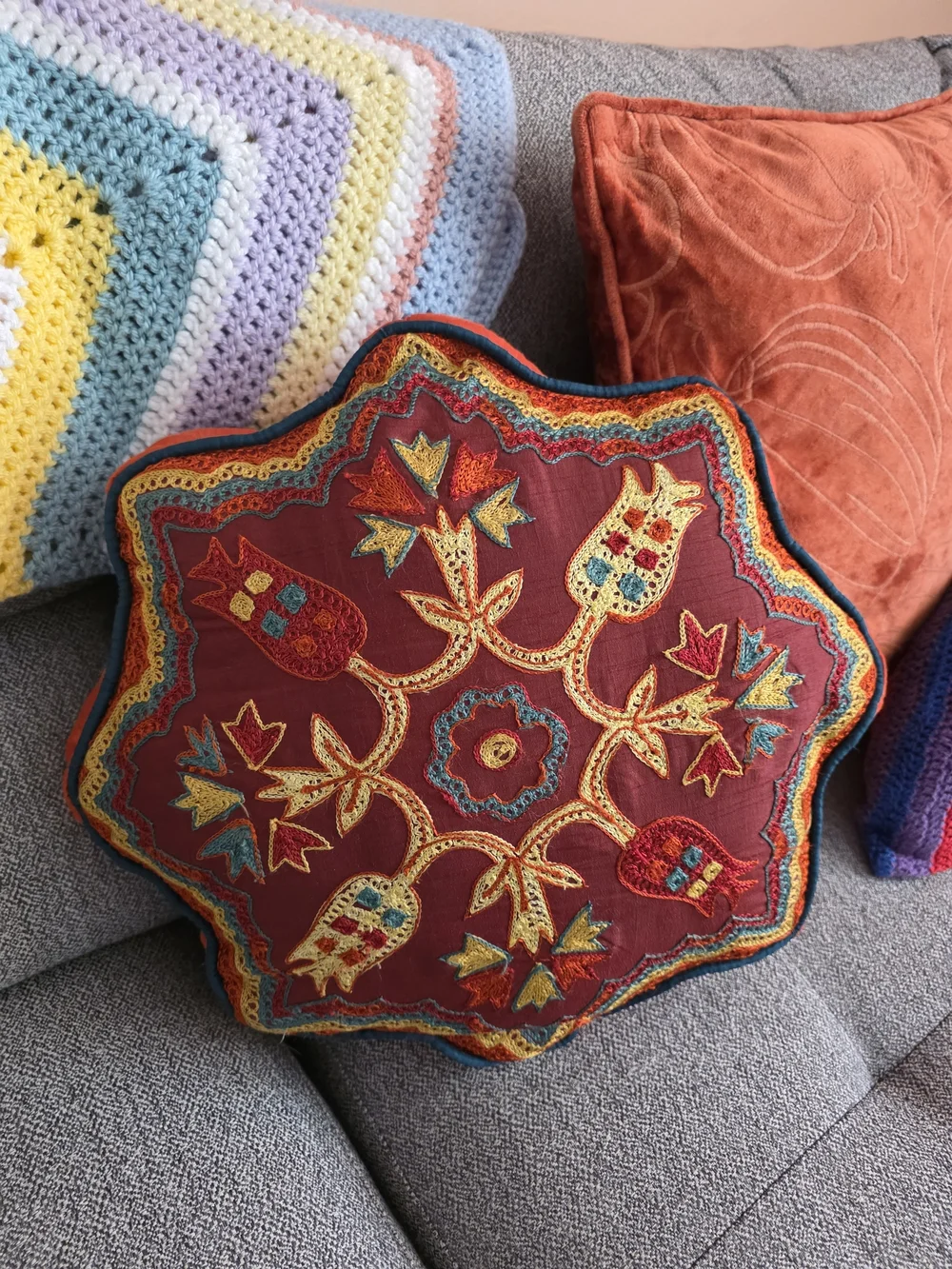 Vintage Red and Gold Embroidered Floral Accent Pillow